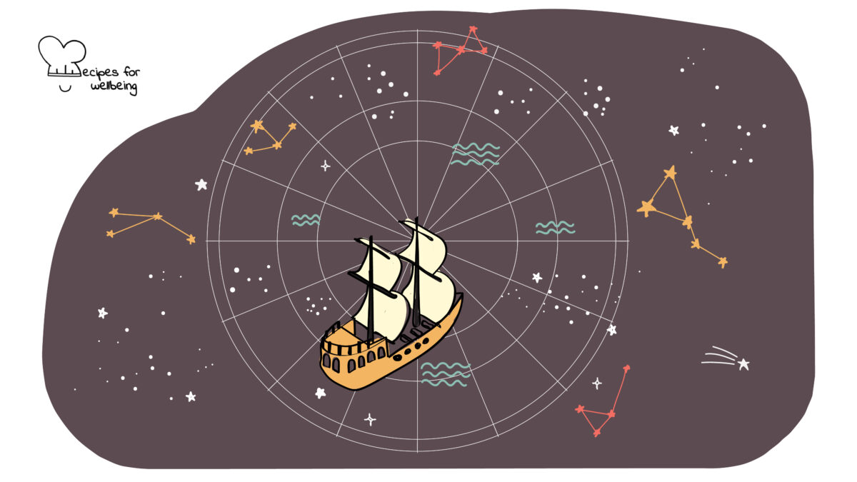 Illustration of a boat navigating surrounded by constellations. © Recipes for Wellbeing