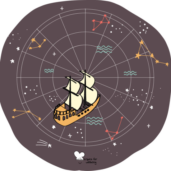 Illustration of a boat navigating surrounded by constellations. © Recipes for Wellbeing