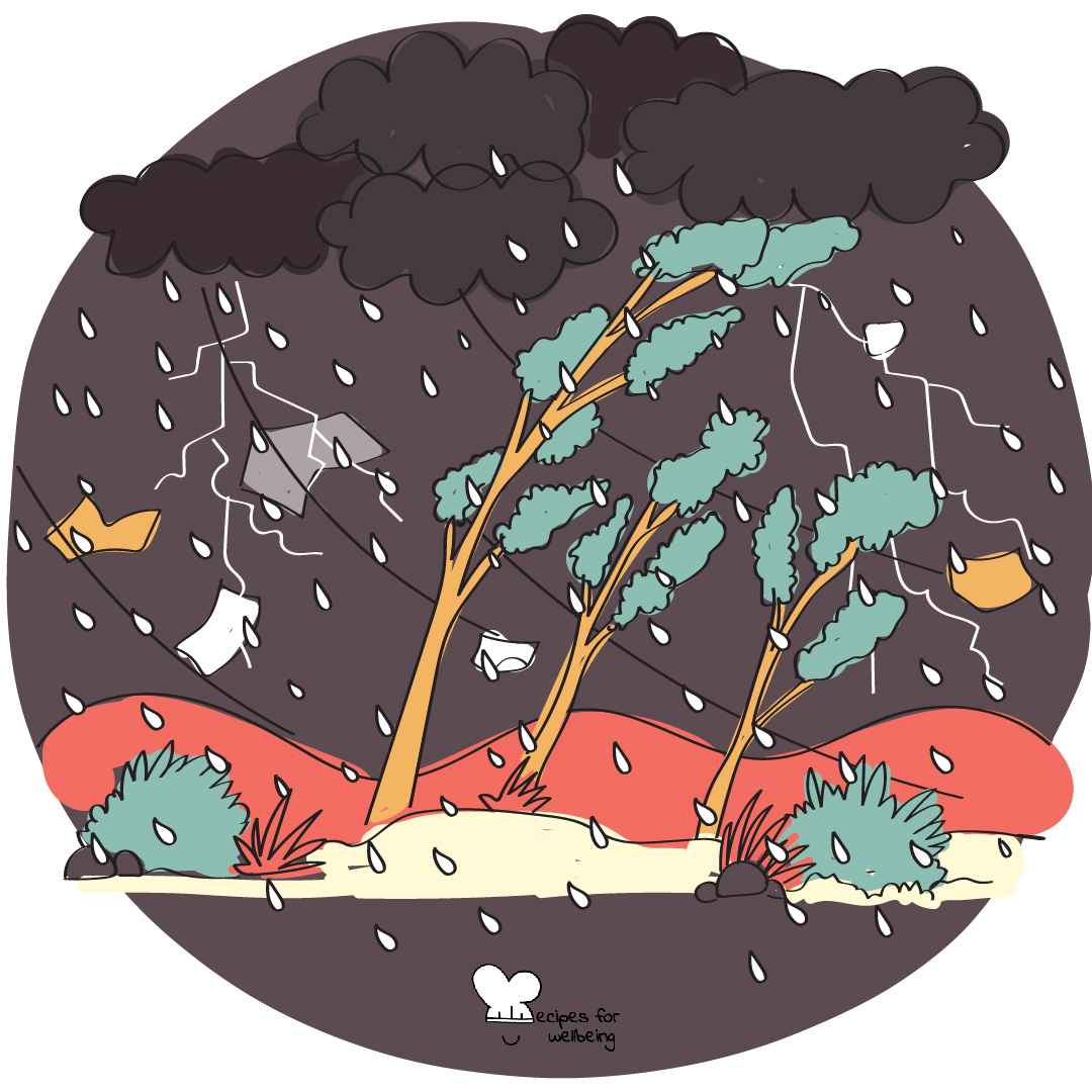 Illustration of a stormy landscape with lighting, heavy rains, and strong winds. © Recipes for Wellbeing