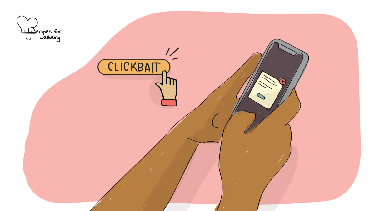 Illustration of a person's hands holding a smartphone with a pop-up notification on the screen. © Recipes for Wellbeing