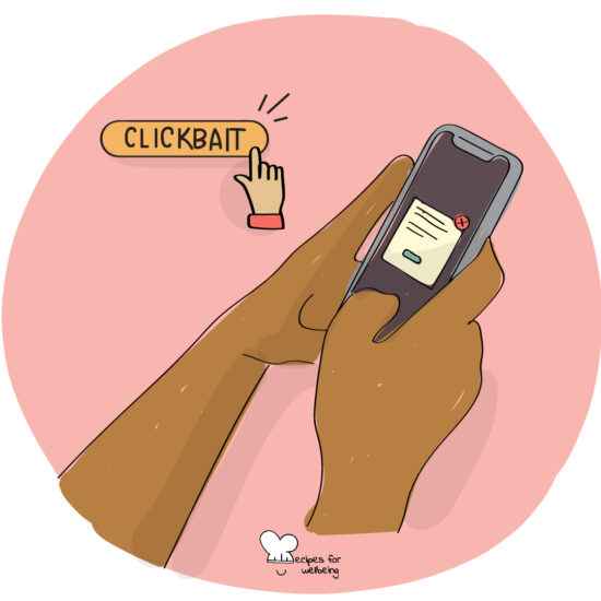 Illustration of a person's hands holding a smartphone with a pop-up notification on the screen. © Recipes for Wellbeing
