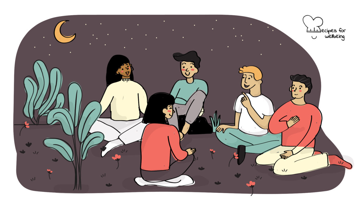 Illustration of five people sitting together outdoors under a starry night. © Recipes for Wellbeing
