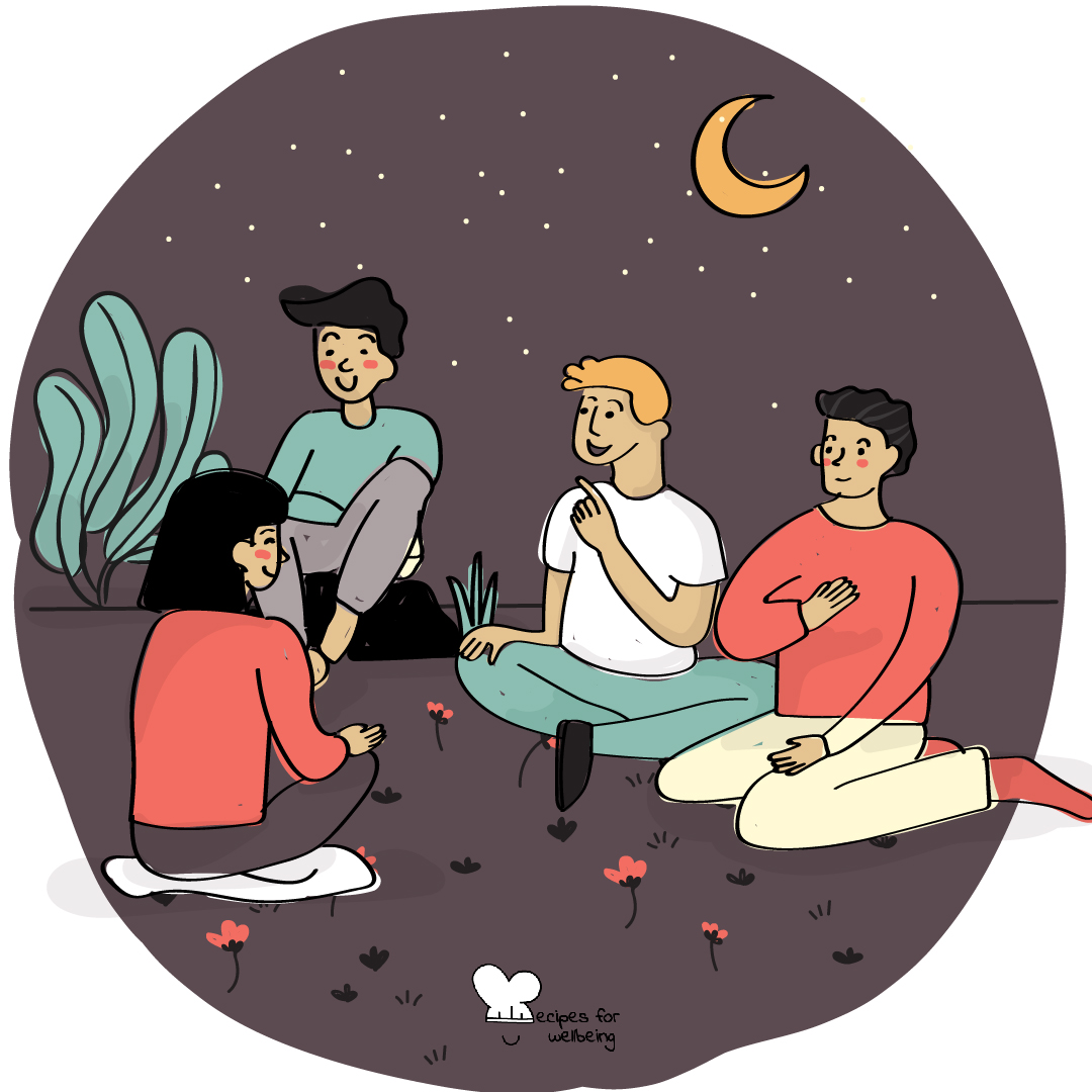 Illustration of four people sitting together outdoors under a starry night. © Recipes for Wellbeing