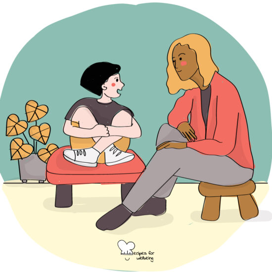 Illustration of a young person talking and an adult listening. © Recipes for Wellbeing