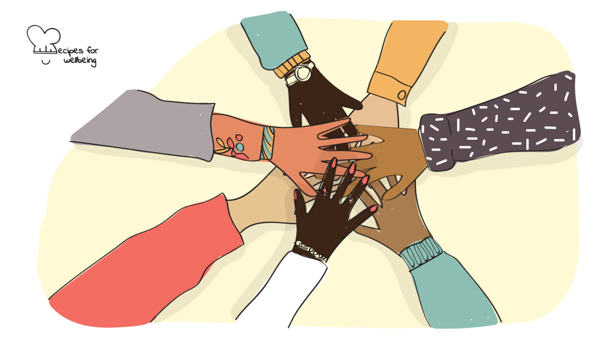 Illustration of 7 hands stacked on top of one another. © Recipes for Wellbeing