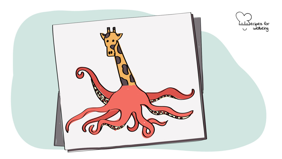 Illustration of an animal that is half giraffe (top half) and half octopus (bottom half). © Recipes for Wellbeing