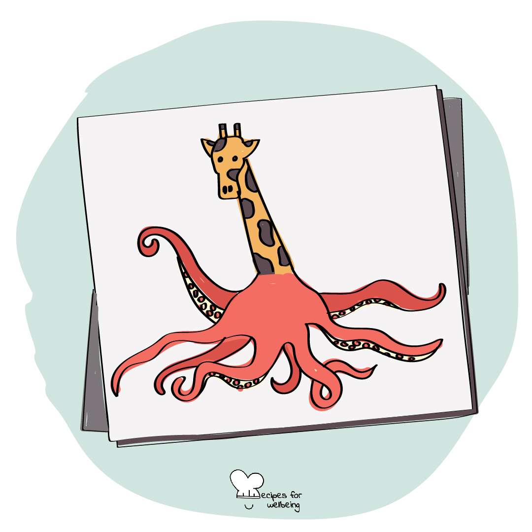 Illustration of an animal that is half giraffe (top half) and half octopus (bottom half). © Recipes for Wellbeing