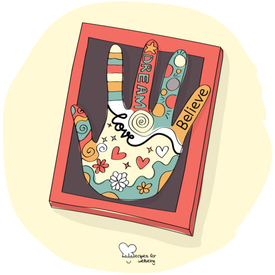 Illustration of a hand-drawn colourful handprint. © Recipes for Wellbeing