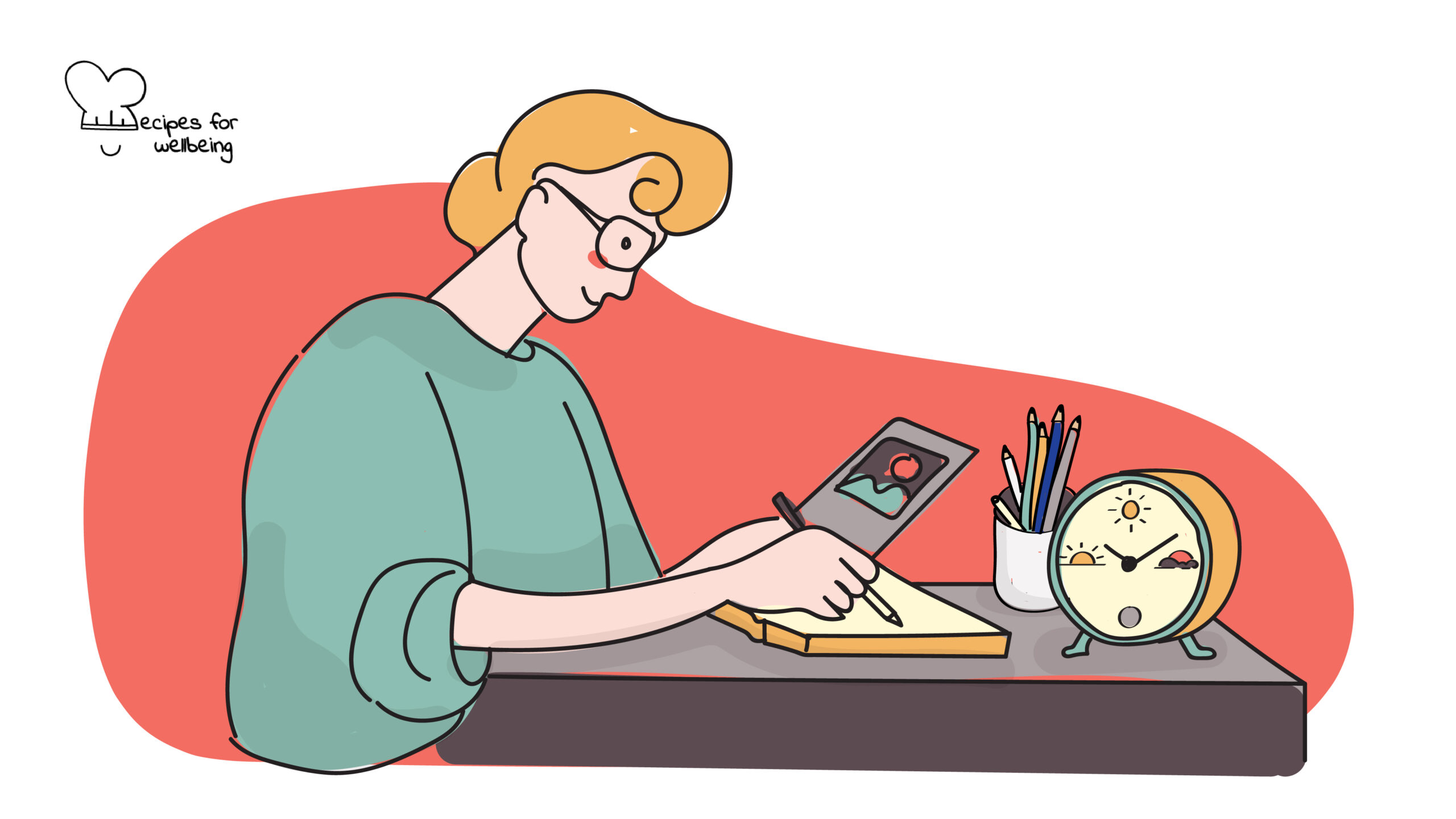 Illustration of a person writing on a journal. © Recipes for Wellbeing