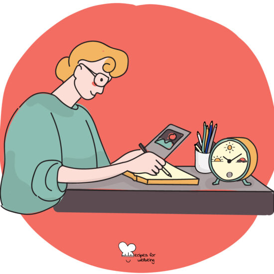 Illustration of a person writing on a journal. © Recipes for Wellbeing