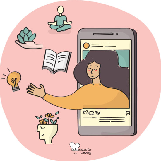 Illustration of a person inside a smartphone surrounded by various mental health icons. © Recipes for Wellbeing