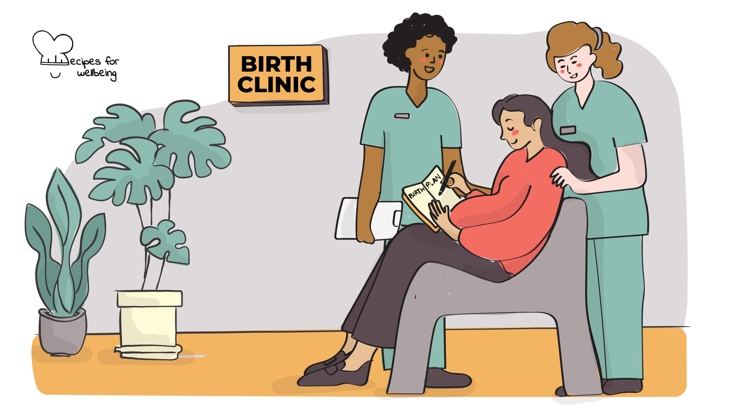 Illustration of a pregnant person sitting on a chair filling out a birth plan surrounded by two healthcare professionals. © Recipes for Wellbeing