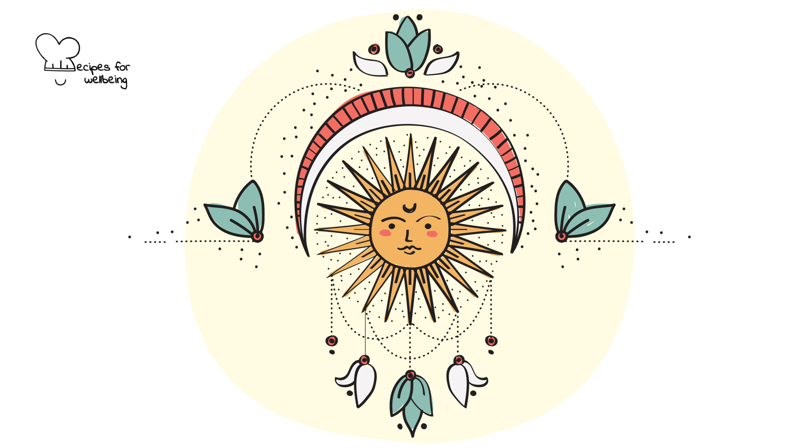 Illustration of a sun surrounded by leaves symbols. © Recipes for Wellbeing