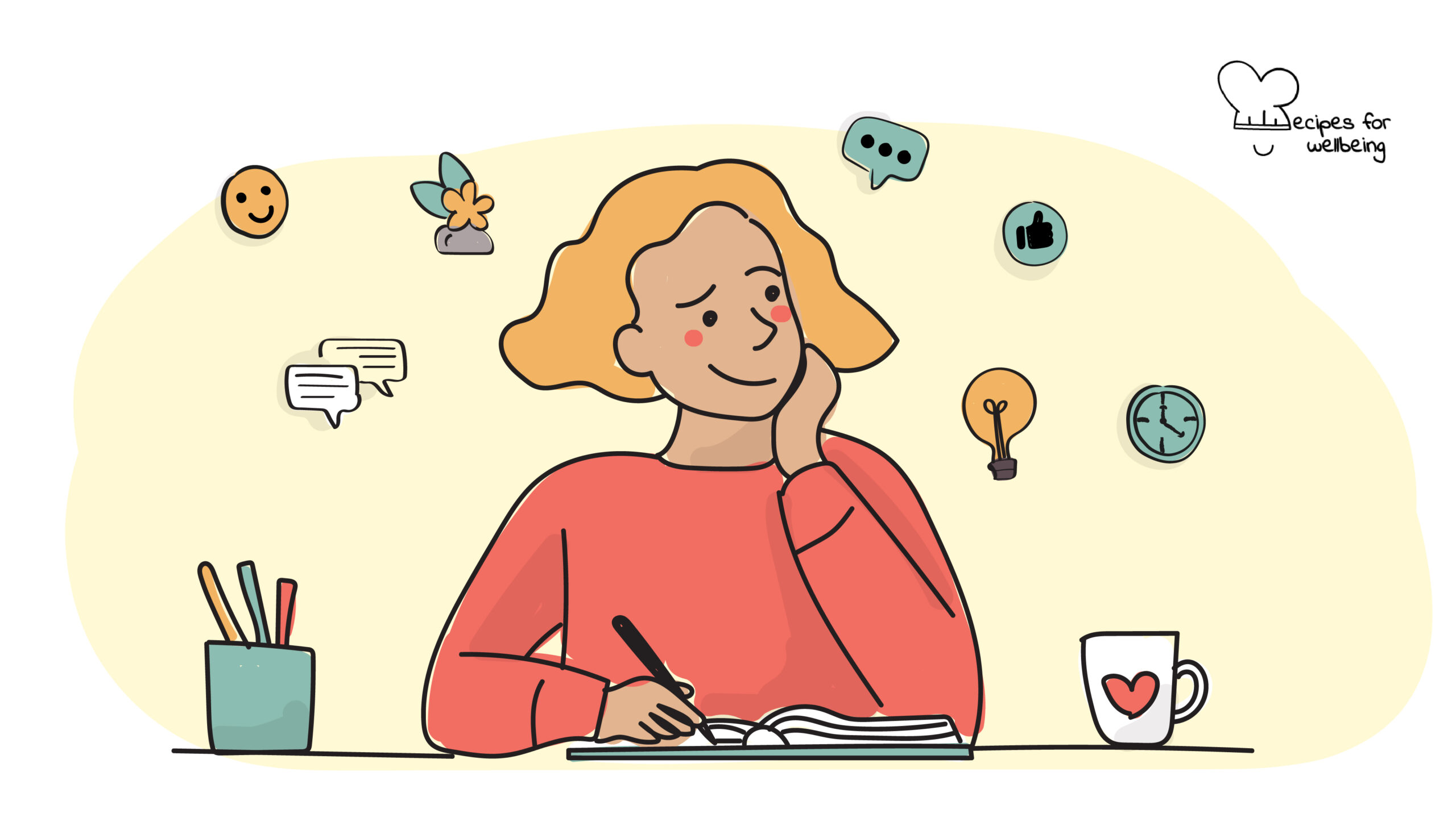Illustration of a person in a reflective mood with a journal and a pen. © Recipes for Wellbeing