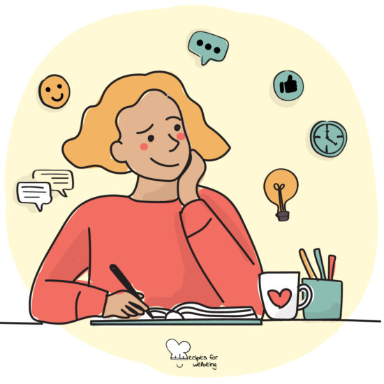 Illustration of a person in a reflective mood with a journal and a pen. © Recipes for Wellbeing