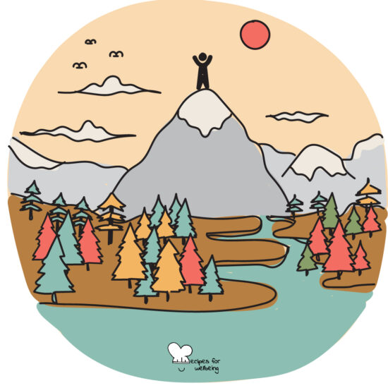 Illustration of a person standing on top of a mountain. © Recipes for Wellbeing
