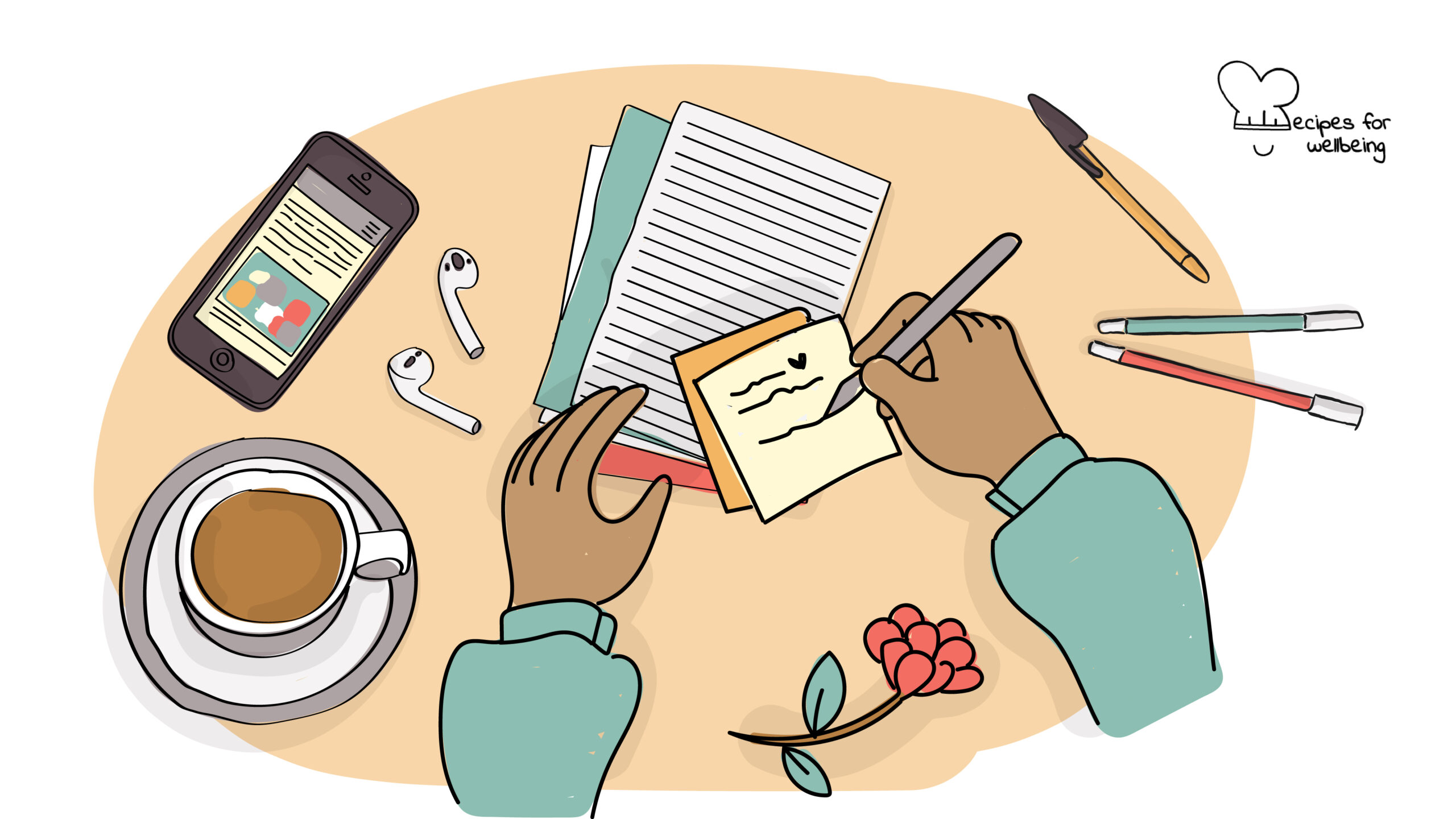 Illustration of a person's hand writing on a sticky note. © Recipes for Wellbeing