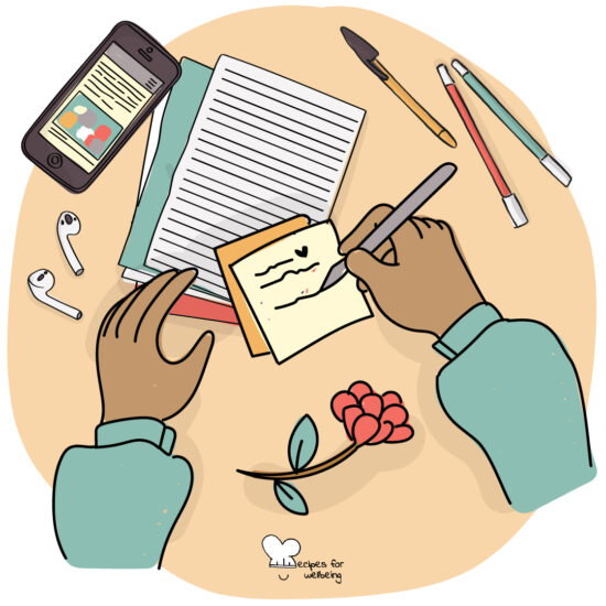 Illustration of a person's hand writing on a sticky note. © Recipes for Wellbeing