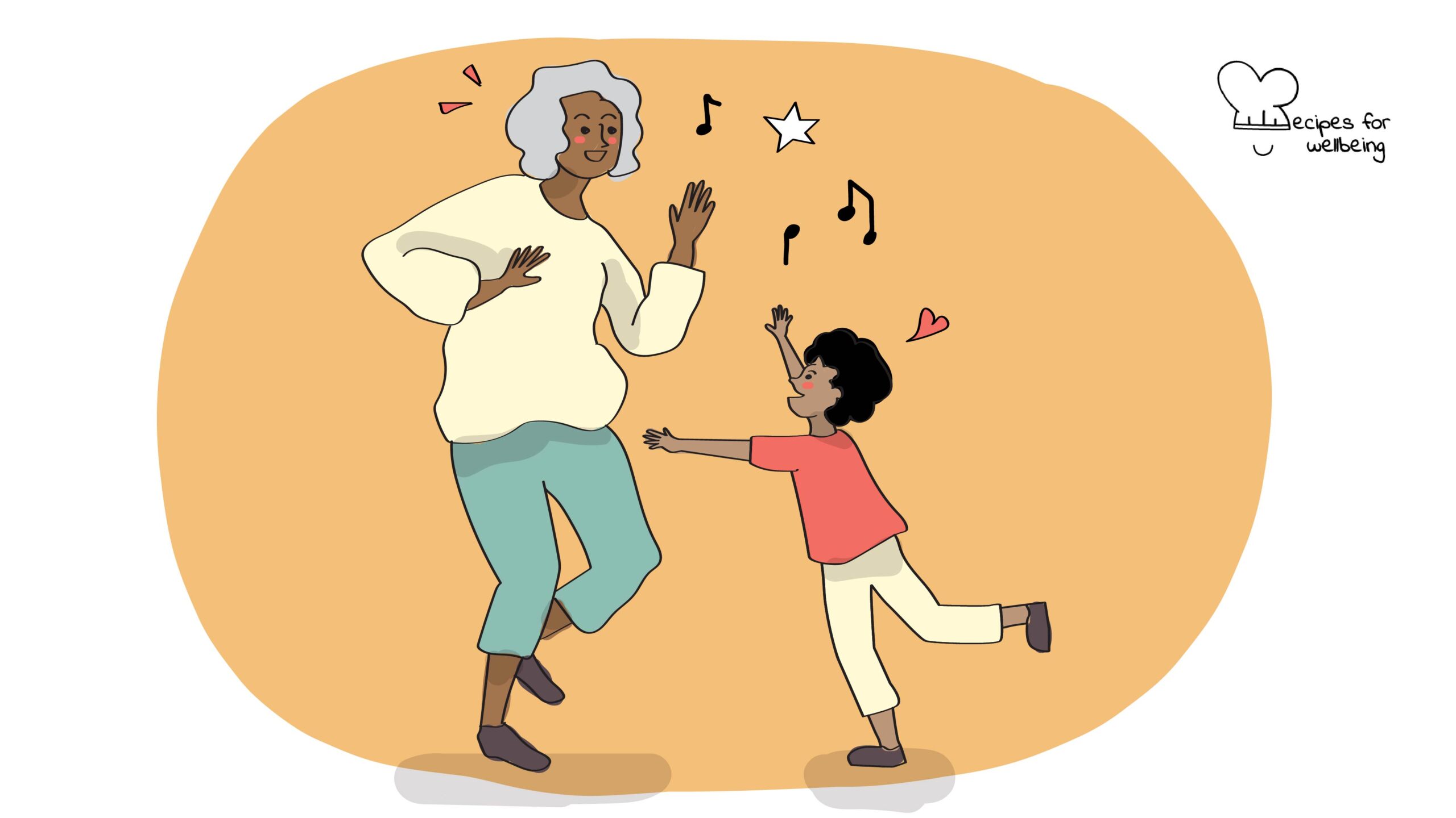 Illustration of an adult and a child dancing. © Recipes for Wellbeing