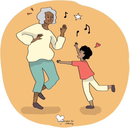 Illustration of an adult and a child dancing. © Recipes for Wellbeing