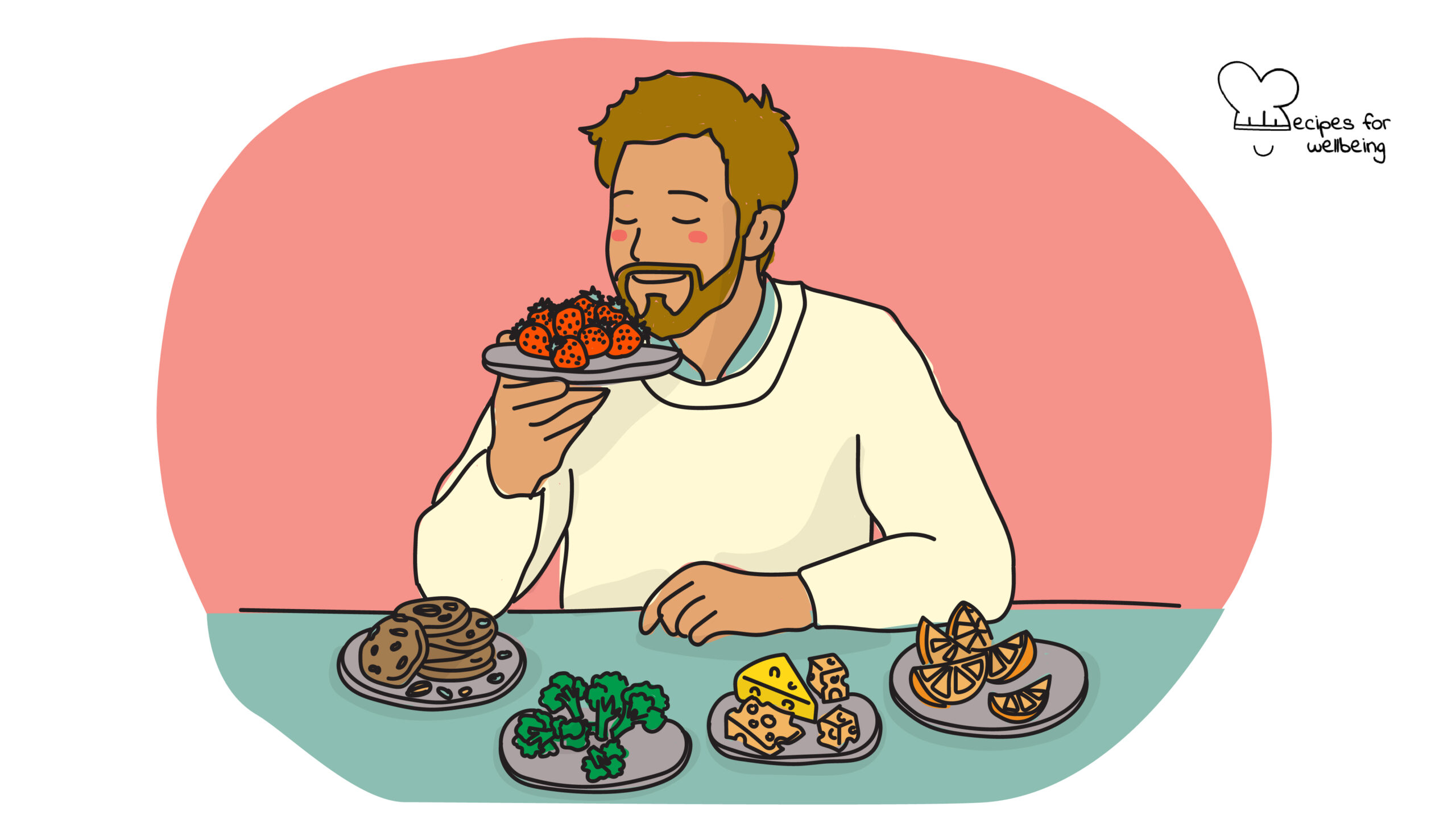 Emotions through taste and smell Illustration of a person with eyes closed smelling a plate of strawberries. © Recipes for Wellbeing
