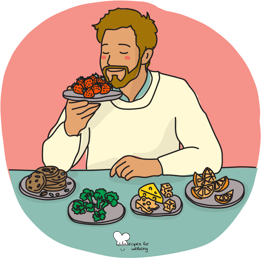 Illustration of a person with eyes closed smelling a plate of strawberries. © Recipes for Wellbeing