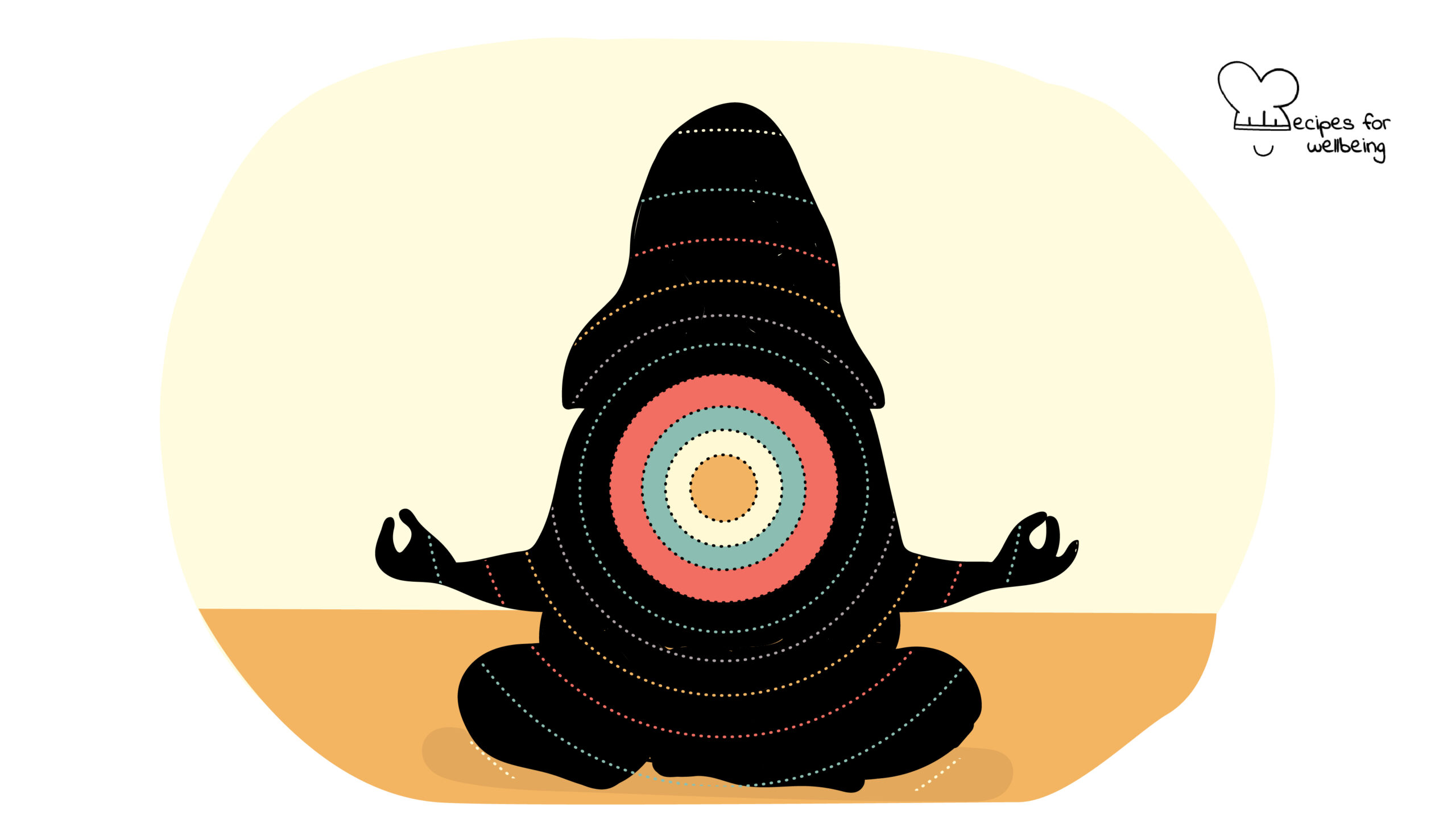 Illustration of a person sitting cross-legged with concentric circles rippling out of their body. © Recipes for Wellbeing