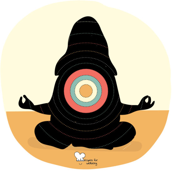 Illustration of a person sitting cross-legged with concentric circles rippling out of their body. © Recipes for Wellbeing