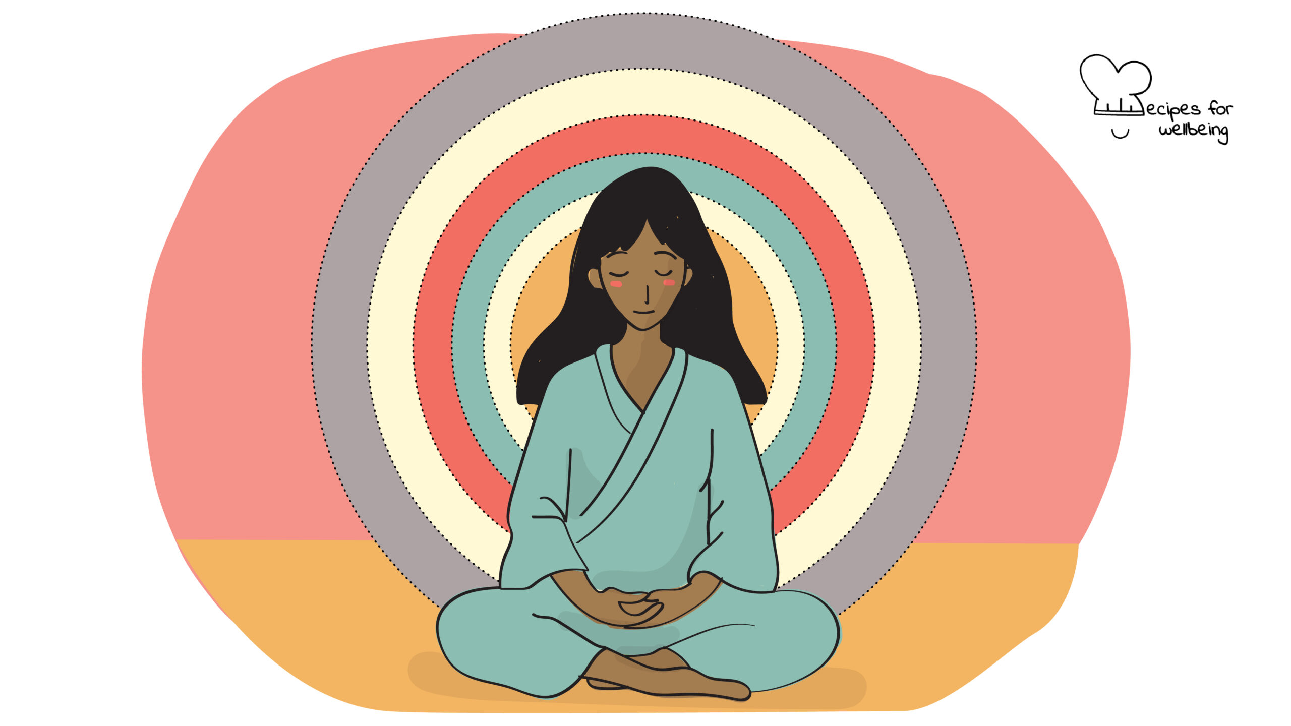 Illustration of a person sitting cross-legged with concentric circles rippling out around their body. © Recipes for Wellbeing