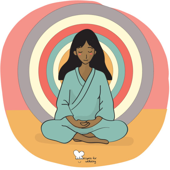 Illustration of a person sitting cross-legged with concentric circles rippling out around their body. © Recipes for Wellbeing
