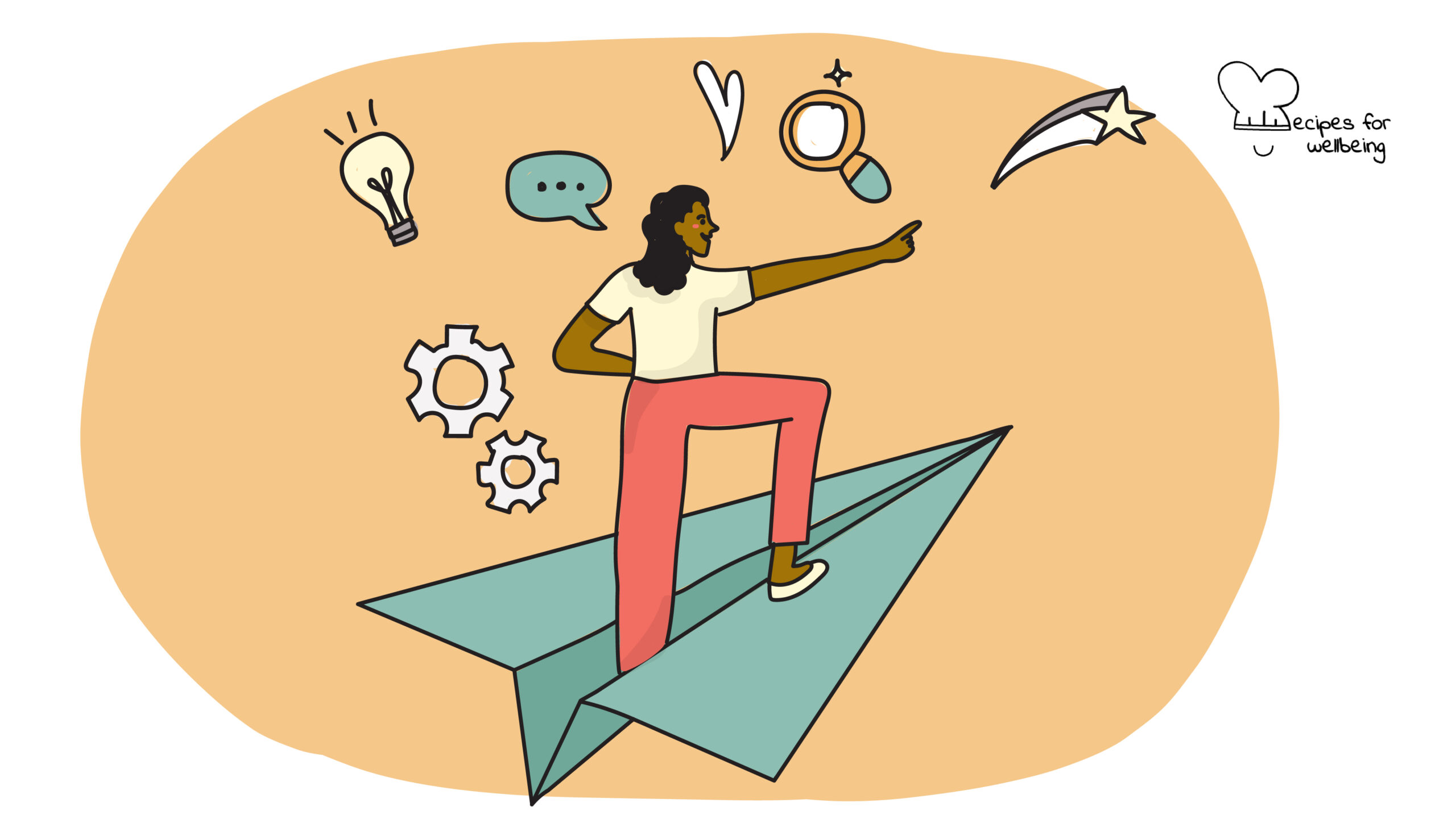 Illustration of a person on a paper plane. © Recipes for Wellbeing