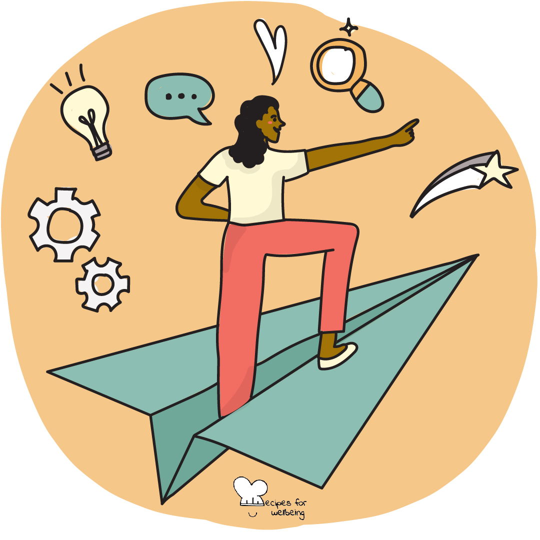 Illustration of a person on a paper plane. © Recipes for Wellbeing
