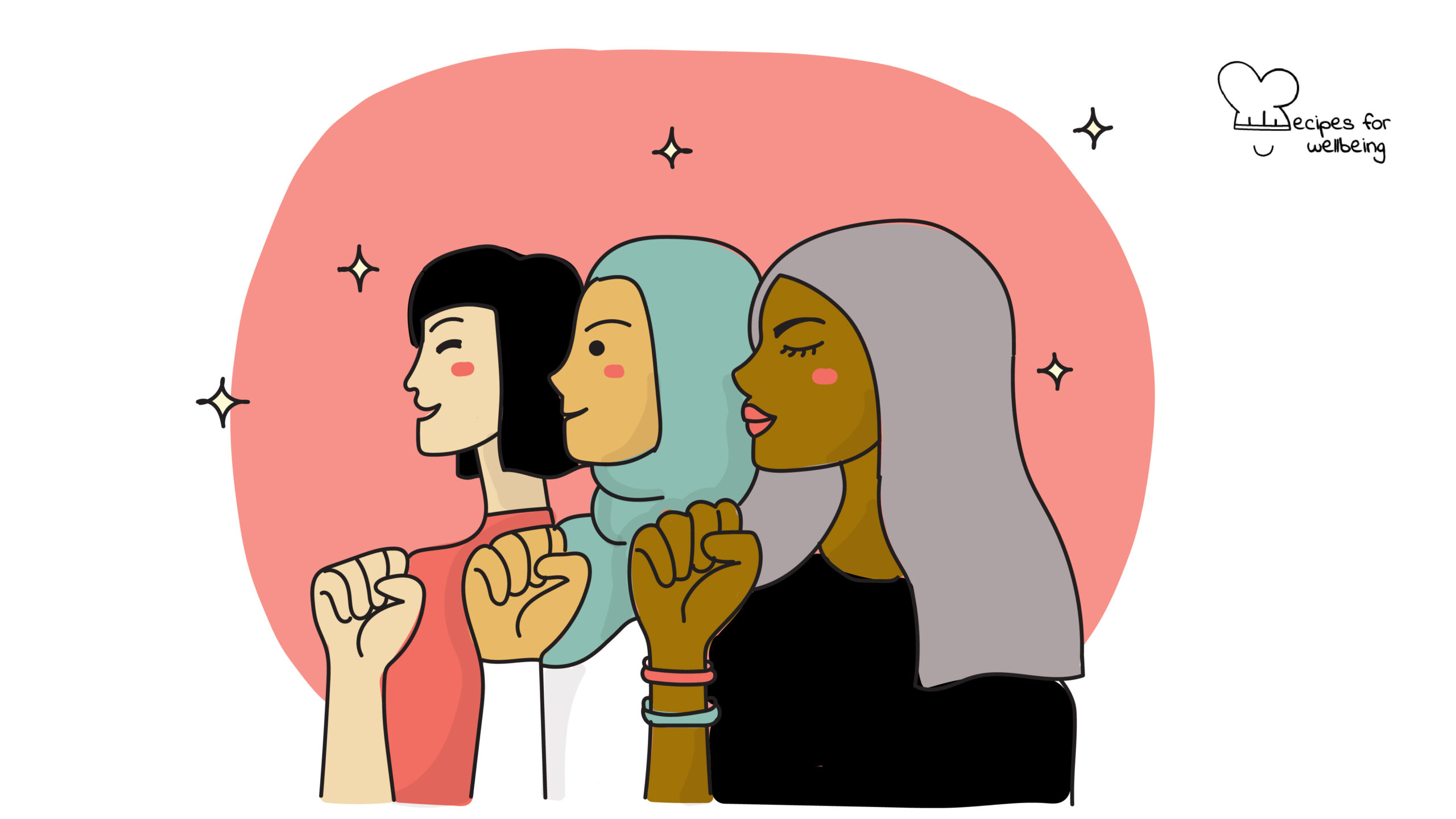 Illustration of three female-identifying people standing next to each other. © Recipes for Wellbeing