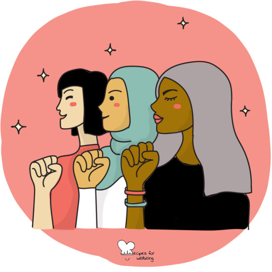 Illustration of three female-identifying people standing next to each other. © Recipes for Wellbeing