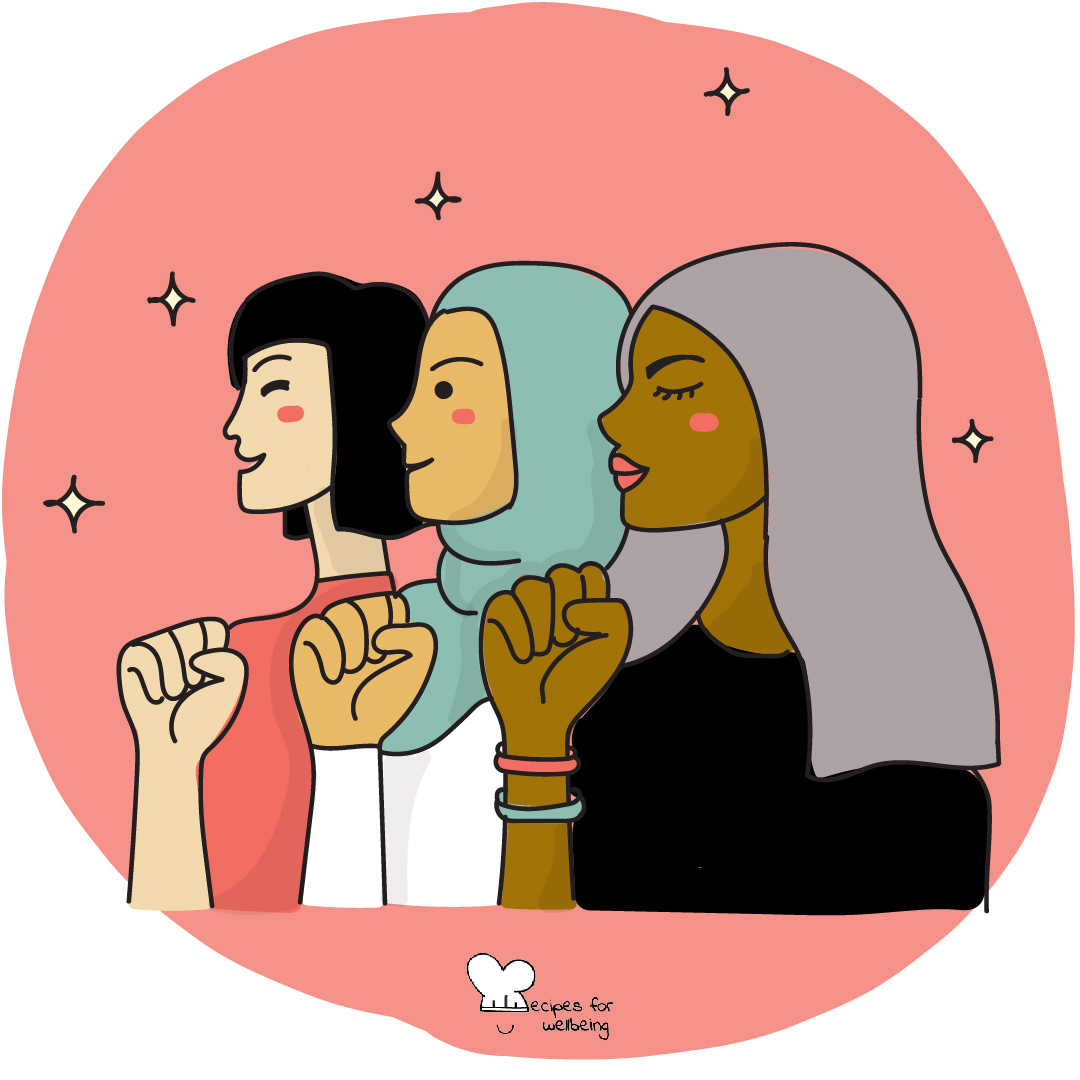 Illustration of three female-identifying people standing next to each other. © Recipes for Wellbeing
