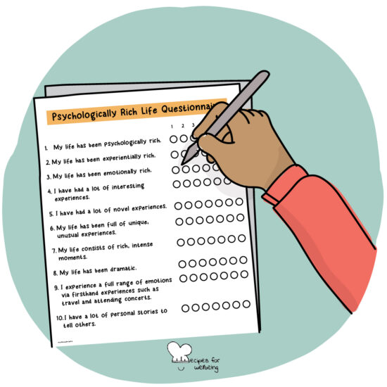 Illustration of a hand filling out the Psychologically Rich Life Questionnaire. © Recipes for Wellbeing